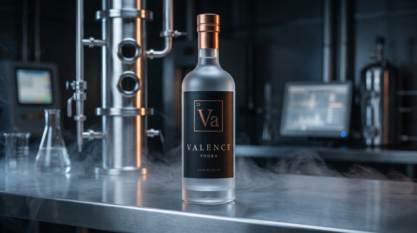 Valence Vodka bottle on brushed stainless steel inside the Chemistry Distilling distillery, with a stainless separation column, sight glasses, and laboratory glassware behind it